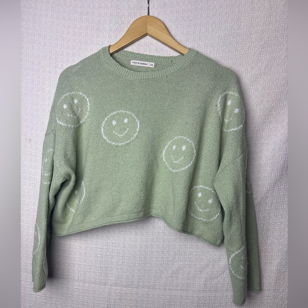 moon & madison Mint Smiley Face Sweater